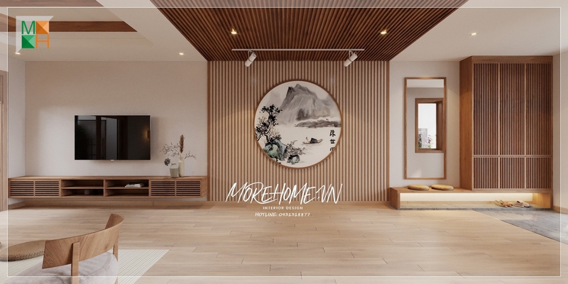 Tranh canvas hình tròn khung gỗ theo phong cách Nhật được treo tường, góp phần tạo nên một không gian nghệ thuật thẩm mỹ cao cùng với những điểm nhấn riêng biệt.