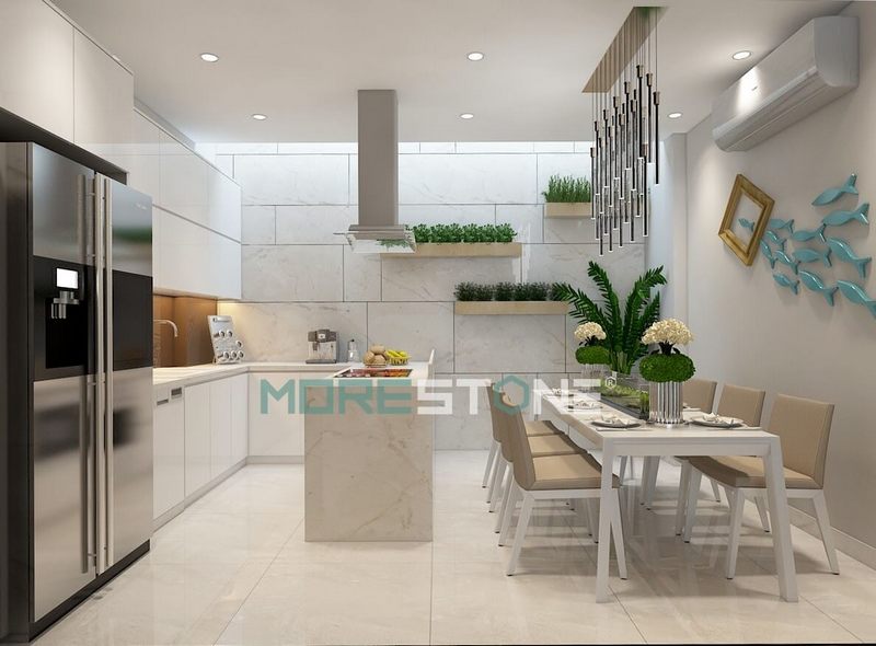 Mẫu phòng bếp đã được tổ chức hài hòa giữa các khu vực và tận dụng tốt các tính năng của nó, cũng như giữ cho không gian rộng rãi.